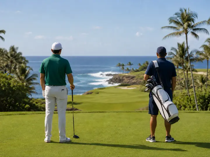 A golfer and caddy on an oceanfront fairway.